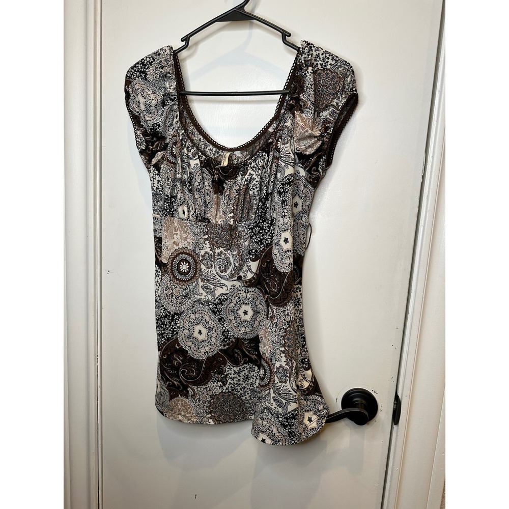 Heart Soul Paisley Medallion Empire Waist Top Brown Cream Crochet Trim Large